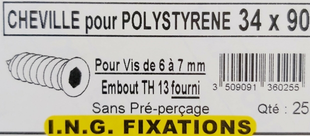 Cheville polystyrène 34x90 - Boîte de 25 - I.N.G. FIXATIONS chez FL fixations